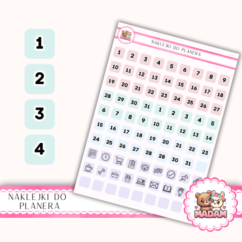 Naklejki Planerowe Dni Miesiąca i Ikony 13×18 – Wiosenny Mix Pastelowy – MaDam Creative