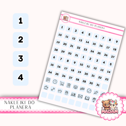 Naklejki Planerowe Dni Miesiąca i Ikony 13×18 – Błękit Poranny – MaDam Creative