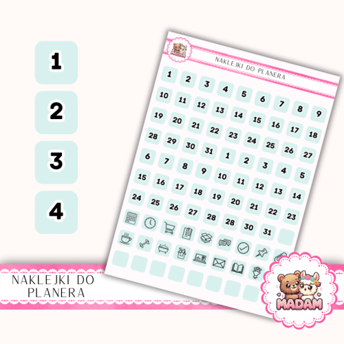 Naklejki Planerowe Dni Miesiąca i Ikony 13×18 – Mięta Szałwiowa – MaDam Creative
