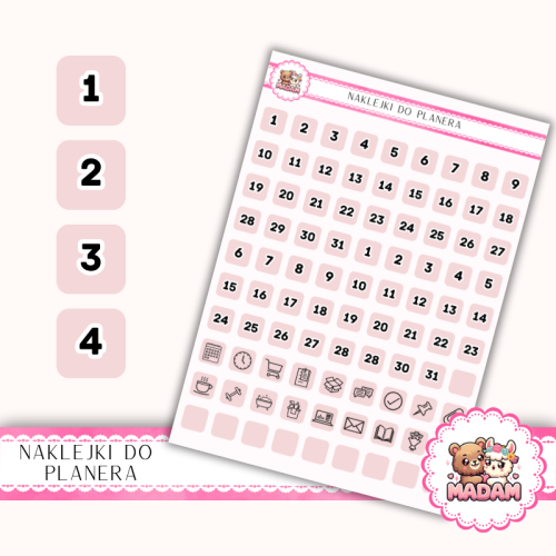 Naklejki Planerowe Dni Miesiąca i Ikony 13×18 – Pastelowy Róż – MaDam Creative