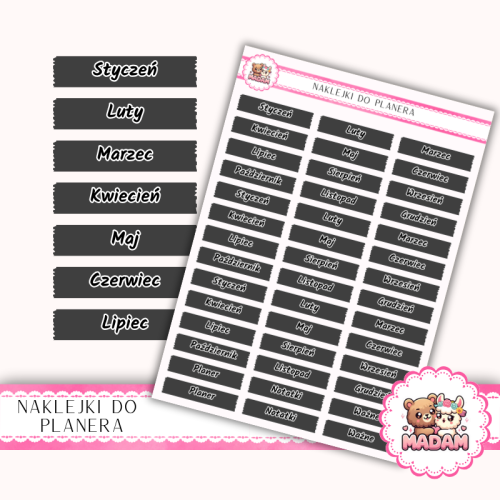Naklejki Planerowe Nazwy Miesięcy 13×18 Grafitowy – Cały Rok – MaDam Creative