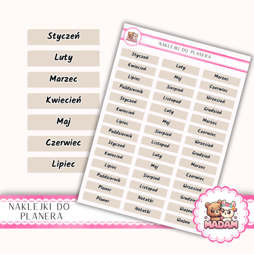 Naklejki Planerowe Nazwy Miesięcy 13×18 Beż Taupe – Cały Rok – MaDam Creative