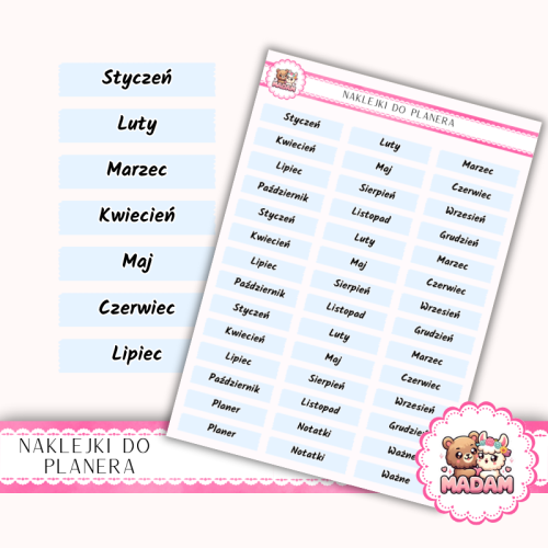 Naklejki Planerowe Nazwy Miesięcy 13×18 Błękit Poranny – Cały Rok – MaDam Creative