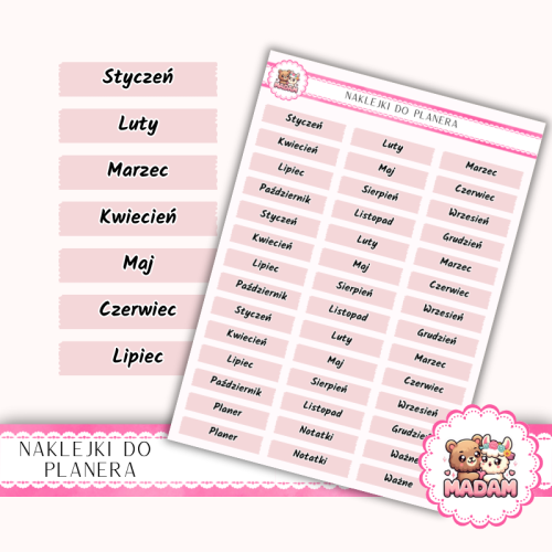 Naklejki Planerowe Nazwy Miesięcy 13×18 Róż Pastelowy – Cały Rok – MaDam Creative