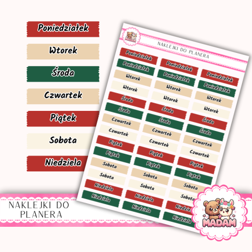 Naklejki planerowe dni tygodnia Christmas Mix 13x18 do planera Bullet Journal MaDam Creative
