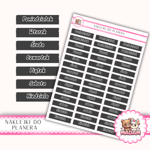 Naklejki planerowe dni tygodnia Grafitowy 13x18 do planera Bullet Journal MaDam Creative