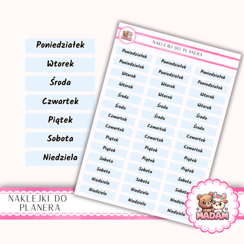 Naklejki planerowe dni tygodnia Błękit Poranny 13x18 do planera Bullet Journal MaDam Creative