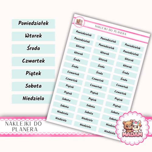 Naklejki planerowe dni tygodnia Mięta Szałwiowa 13x18 do planera Bullet Journal MaDam Creative