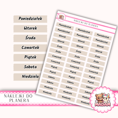 Naklejki planerowe dni tygodnia Beż Taupe 13x18 do planera Bullet Journal MaDam Creative