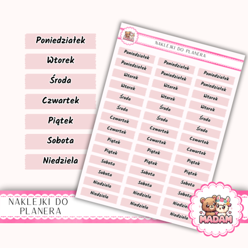 Naklejki planerowe dni tygodnia Róż Pastelowy 13x18 do planera Bullet Journal MaDam Creative