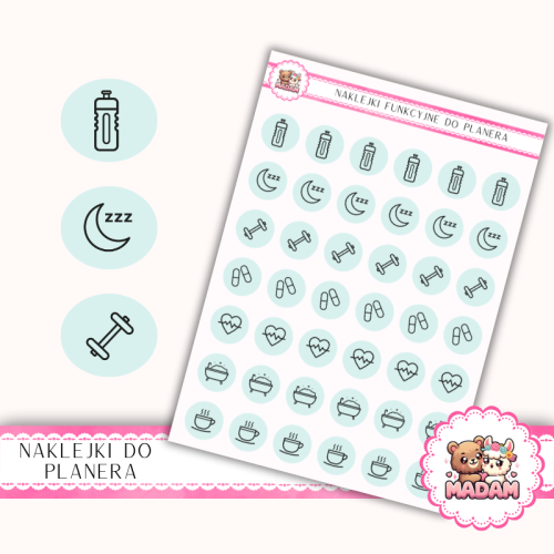 Naklejki Ikony Funkcyjne do Planera i Bullet Journal – Zdrowie i Self-care 13×18 – nawyki, wellness Mięta Szałwiowa– MaDam Creative