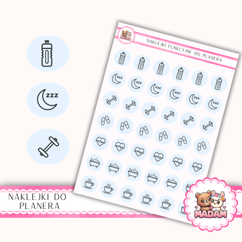 Naklejki Ikony Funkcyjne do Planera i Bullet Journal – Zdrowie i Self-care 13×18 – nawyki, wellness Błękit Nieba – MaDam Creative