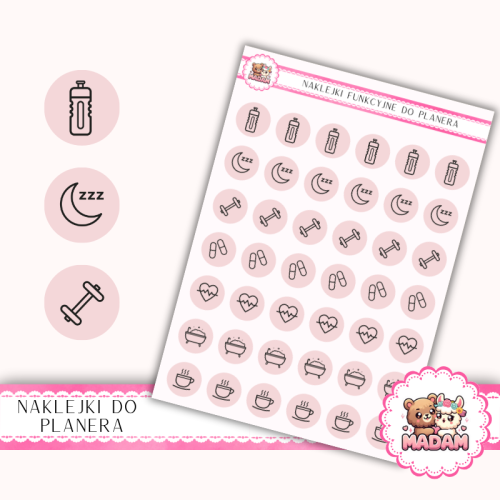 Naklejki Ikony Funkcyjne do Planera i Bullet Journal – Zdrowie i Self-care 13×18 – nawyki, wellness Róż Pudrowy– MaDam Creative