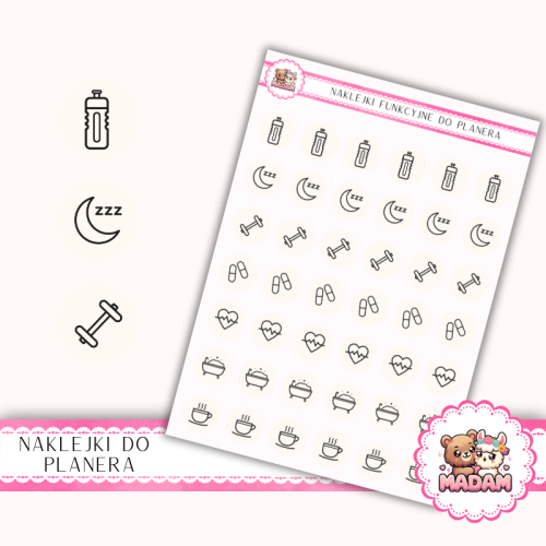 Naklejki Ikony Funkcyjne do Planera i Bullet Journal – Zdrowie i Self-care 13×18 – nawyki, wellness Kość słoniowa – MaDam Creative