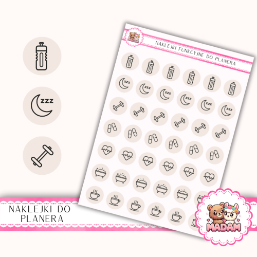 Naklejki Ikony Funkcyjne do Planera i Bullet Journal – Zdrowie i Self-care 13×18 – nawyki, wellness Ciepły piasek – MaDam Creative