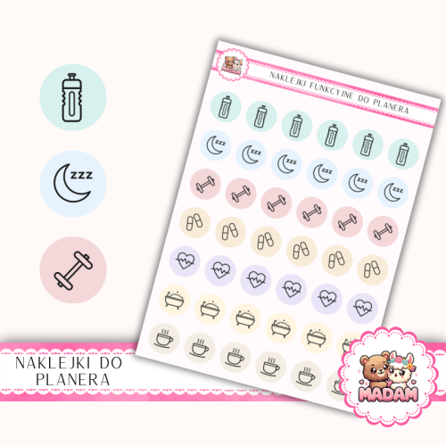 Naklejki Ikony Funkcyjne do Planera i Bullet Journal – Zdrowie i Self-care 13×18 – nawyki, wellness Mix – MaDam Creative
