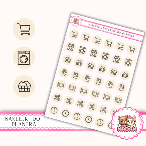 Naklejki Ikony Funkcyjne do Planera i Bullet Journal – Dom i Codzienność 13×18 – zakupy, obowiązki Beż Kremowy – MaDam Creative