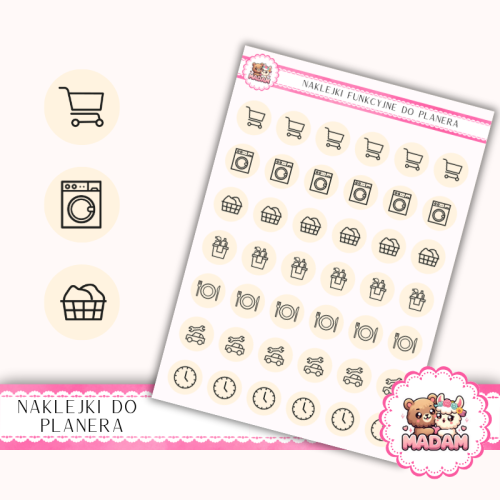 Naklejki Ikony Funkcyjne do Planera i Bullet Journal – Dom i Codzienność 13×18 – zakupy, obowiązki Krem Biszkoptowy– MaDam Creative