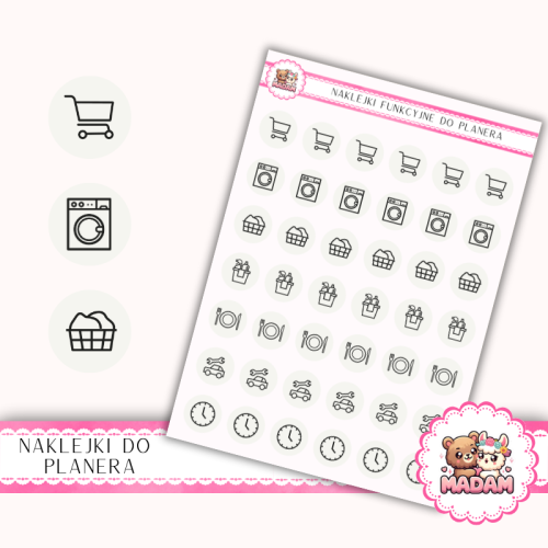 Naklejki Ikony Funkcyjne do Planera i Bullet Journal – Dom i Codzienność 13×18 – zakupy, obowiązki Alabastrowa Biel – MaDam Creative