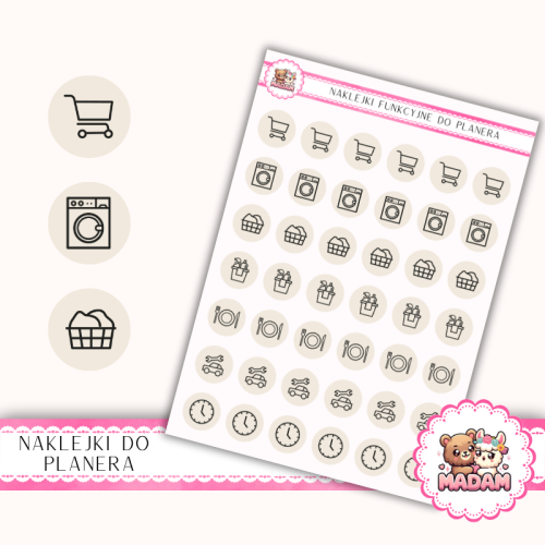 Naklejki Ikony Funkcyjne do Planera i Bullet Journal – Dom i Codzienność 13×18 – zakupy, obowiązki Latte – MaDam Creative