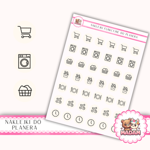 Naklejki Ikony Funkcyjne do Planera i Bullet Journal – Dom i Codzienność 13×18 – zakupy, obowiązki Waniliowy Krem – MaDam Creative