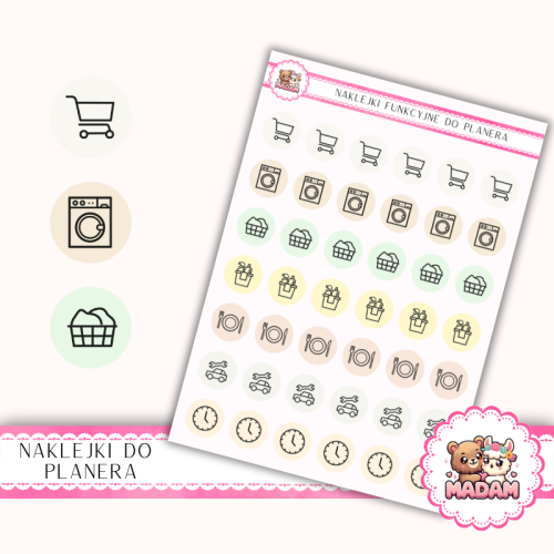 Naklejki Ikony Funkcyjne do Planera i Bullet Journal – Dom i Codzienność 13×18 – zakupy, obowiązki MIX – MaDam Creative