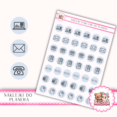 Naklejki Funkcyjne do Planera i Bullet Journal – Praca i Organizacja 13×18 – spotkania, projekty Błękit Pastelowy – MaDam Creative