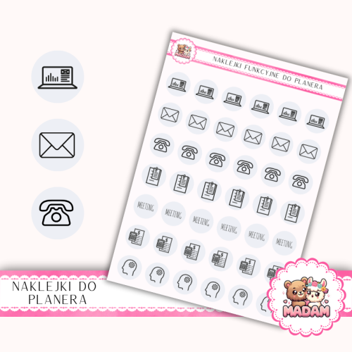 Naklejki Ikony Funkcyjne do Planera i Bullet Journal – Praca i Organizacja 13×18 – spotkania, projekty Perłowa Szarość – MaDam Creative