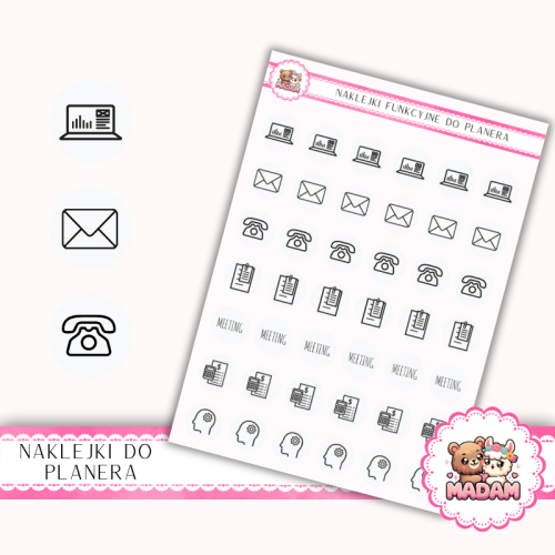 Naklejki Ikony Funkcyjne do Planera i Bullet Journal – Praca i Organizacja 13×18 – spotkania, projekty Biała Mgiełka – MaDam Creative