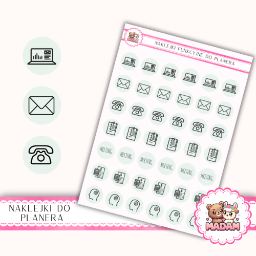 Naklejki Funkcyjne do Planera i Bullet Journal – Praca i Organizacja 13×18 – spotkania, projekty Szałwiowa Szarość – MaDam Creative