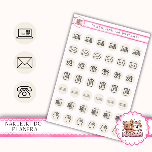 Naklejki Ikony Funkcyjne do Planera i Bullet Journal – Praca i Organizacja 13×18 – spotkania, projekty Ciepły Taupe – MaDam Creative