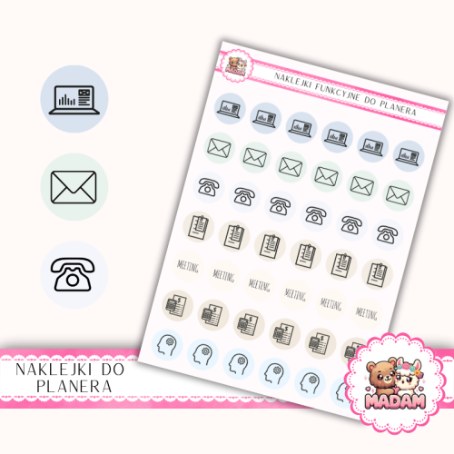 Naklejki Ikony Funkcyjne do Planera i Bullet Journal – Praca i Organizacja 13×18 – spotkania, projekty MIX – MaDam Creative