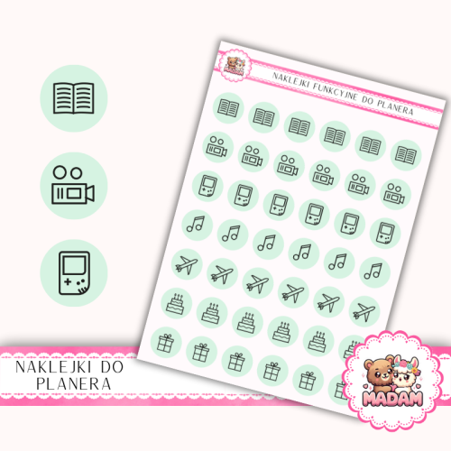 Naklejki Ikony Funkcyjne do Planera i Bullet Journal – Czas Wolny i Hobby 13×18 – książki, rozrywka Mięta Pastelowa – MaDam Creative
