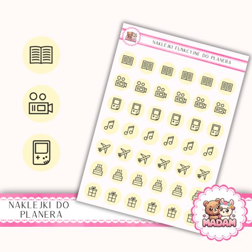 Naklejki Ikony Funkcyjne do Planera i Bullet Journal – Czas Wolny i Hobby 13×18 – książki, rozrywka Żółty Maślany – MaDam Creative