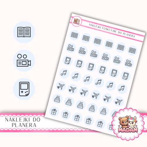 Naklejki Ikony Funkcyjne do Planera i Bullet Journal – Czas Wolny i Hobby 13×18 – książki, rozrywka Błękit Poranny – MaDam Creative
