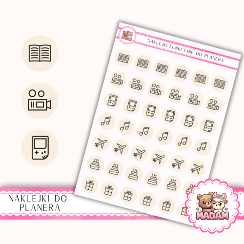 Naklejki Ikony Funkcyjne do Planera i Bullet Journal – Czas Wolny i Hobby 13×18 – książki, rozrywka Krem Owsiany – MaDam Creative