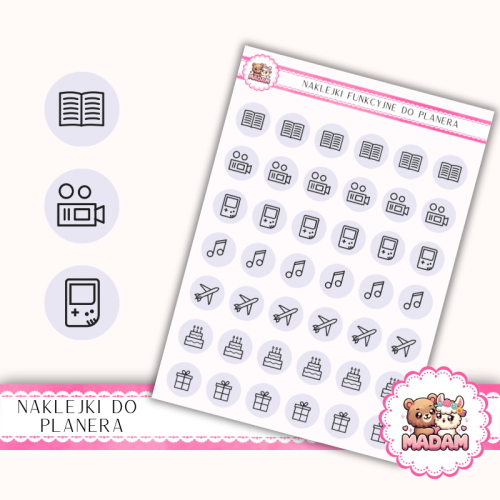 Naklejki Ikony Funkcyjne do Planera i Bullet Journal – Czas Wolny i Hobby 13×18 – książki, rozrywka Lawendowy Błękit – MaDam Creative