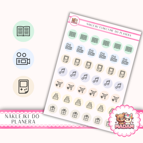 Naklejki Ikony Funkcyjne do Planera i Bullet Journal – Czas Wolny i Hobby 13×18 – książki, rozrywka MIX – MaDam Creative