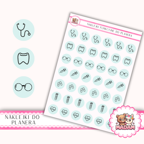 Naklejki Ikony Funkcyjne do Planera i Bullet Journal – Wizyty Lekarskie i Badania 13×18 – lekarz, leki Mięta Szałwiowa – MaDam Creative