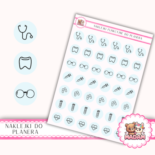 Naklejki Ikony Funkcyjne do Planera i Bullet Journal – Wizyty Lekarskie i Badania 13×18 – lekarz, leki Błękit Kliniczny – MaDam Creative