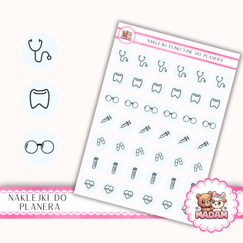 Naklejki Ikony Funkcyjne do Planera i Bullet Journal – Wizyty Lekarskie i Badania 13×18 – lekarz, leki Biel Lodowa – MaDam Creative