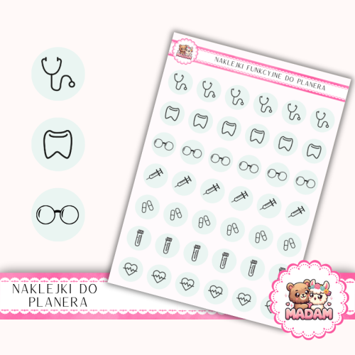 Naklejki Ikony Funkcyjne do Planera i Bullet Journal – Wizyty Lekarskie i Badania 13×18 – lekarz, leki Mięta Neutralna – MaDam Creative