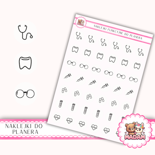 Naklejki Ikony Funkcyjne do Planera i Bullet Journal – Wizyty Lekarskie i Badania 13×18 – lekarz, leki Śnieżna Biel – MaDam Creative