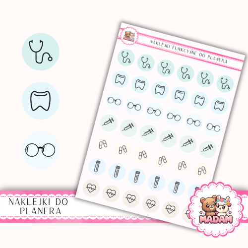Naklejki Ikony Funkcyjne do Planera i Bullet Journal – Wizyty Lekarskie i Badania 13×18 – lekarz, leki MIX – MaDam Creative