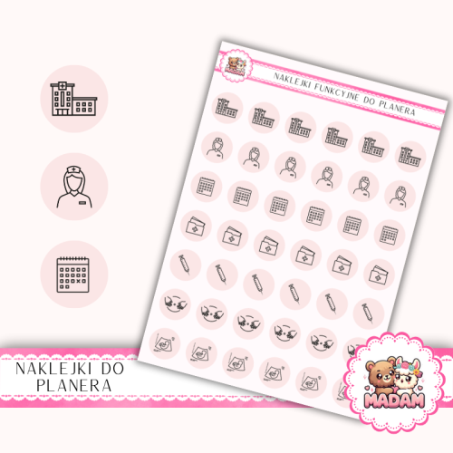 Naklejki Ikony Funkcyjne do Planera i Bullet Journal – Ciąża i Wizyty Lekarskie 13×18 – kontrole, USG Róż Porcelanowy – MaDam Creative