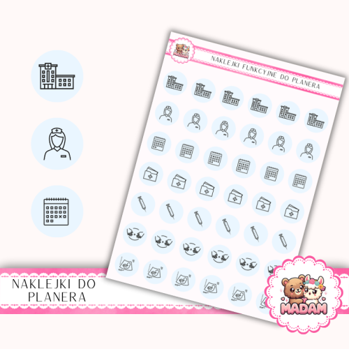 Naklejki Ikony Funkcyjne do Planera i Bullet Journal – Ciąża i Wizyty Lekarskie 13×18 – kontrole, USG Błękit Kryształowy – MaDam Creative