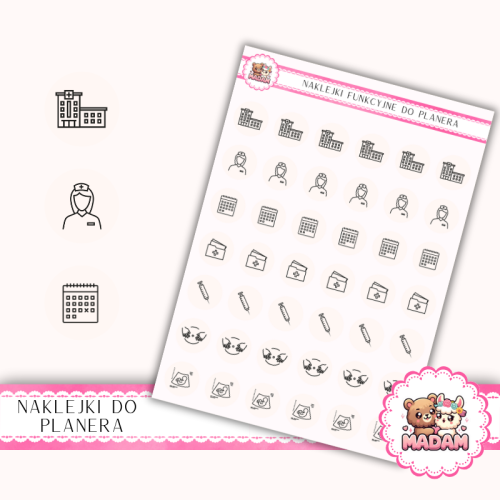 Naklejki Ikony Funkcyjne do Planera i Bullet Journal – Ciąża i Wizyty Lekarskie 13×18 – kontrole, USG Beż Różany – MaDam Creative