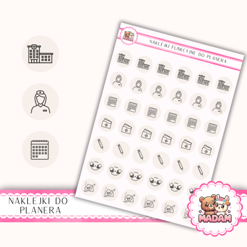 Naklejki Ikony Funkcyjne do Planera i Bullet Journal – Ciąża i Wizyty Lekarskie 13×18 – kontrole, USG Beż Neutralny Ciepły – MaDam Creative
