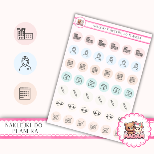 Naklejki Ikony Funkcyjne do Planera i Bullet Journal – Ciąża i Wizyty Lekarskie 13×18 – kontrole, USG MIX – MaDam Creative