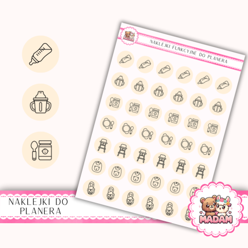 Naklejki Ikony Funkcyjne do Planera i Bullet Journal – Karmienie i Rozszerzanie Diety 13×18 – niemowlę Krem Budyniowy– MaDam Creative